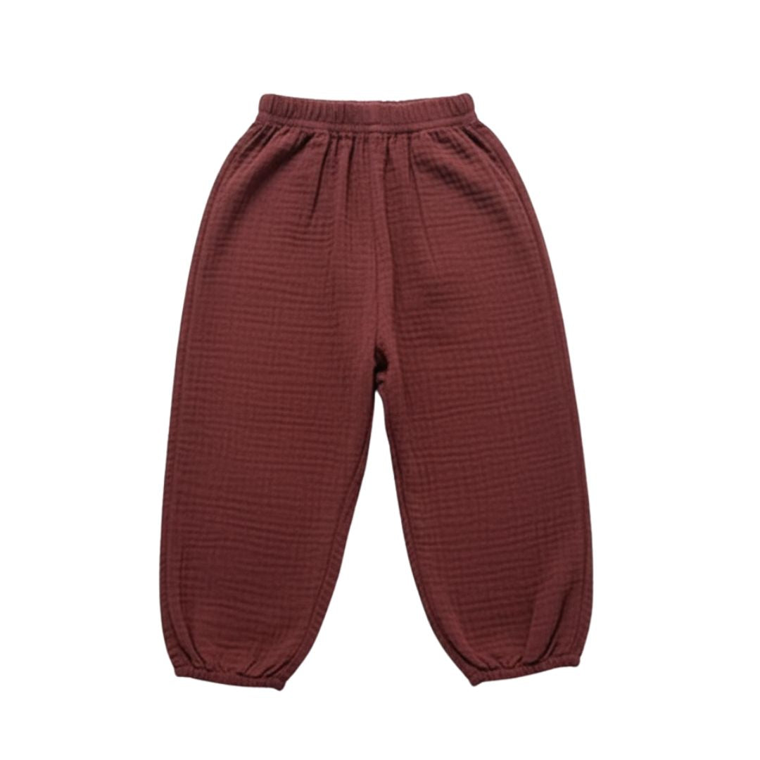 Burgundy baby harem pants in 100% muslin cotton
