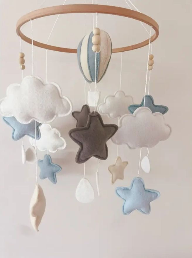 Hot Air Balloon Baby Nursery Mobile - with stars and clouds