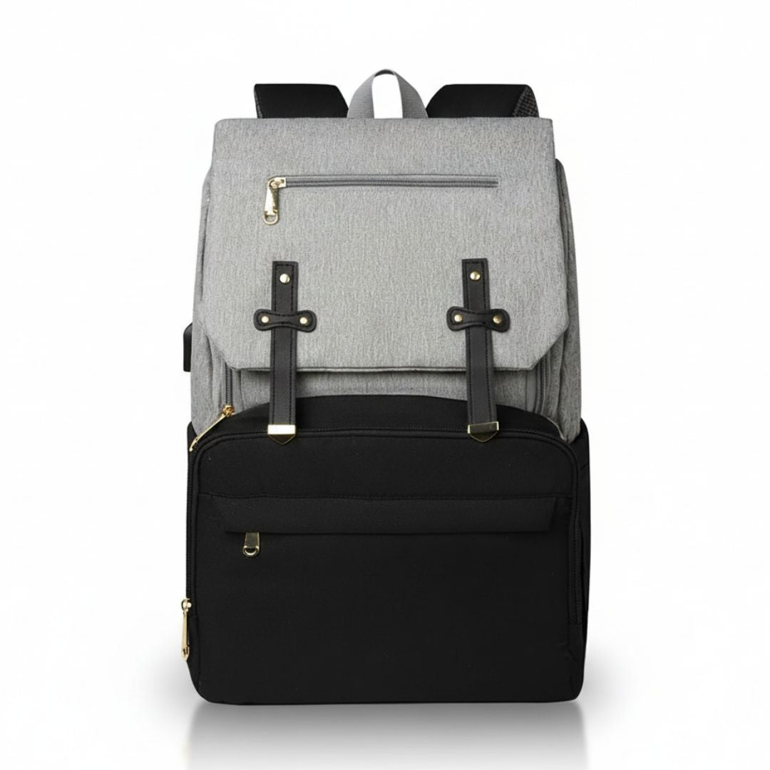 Nappy backpack with wide open top in grey and black - front view
