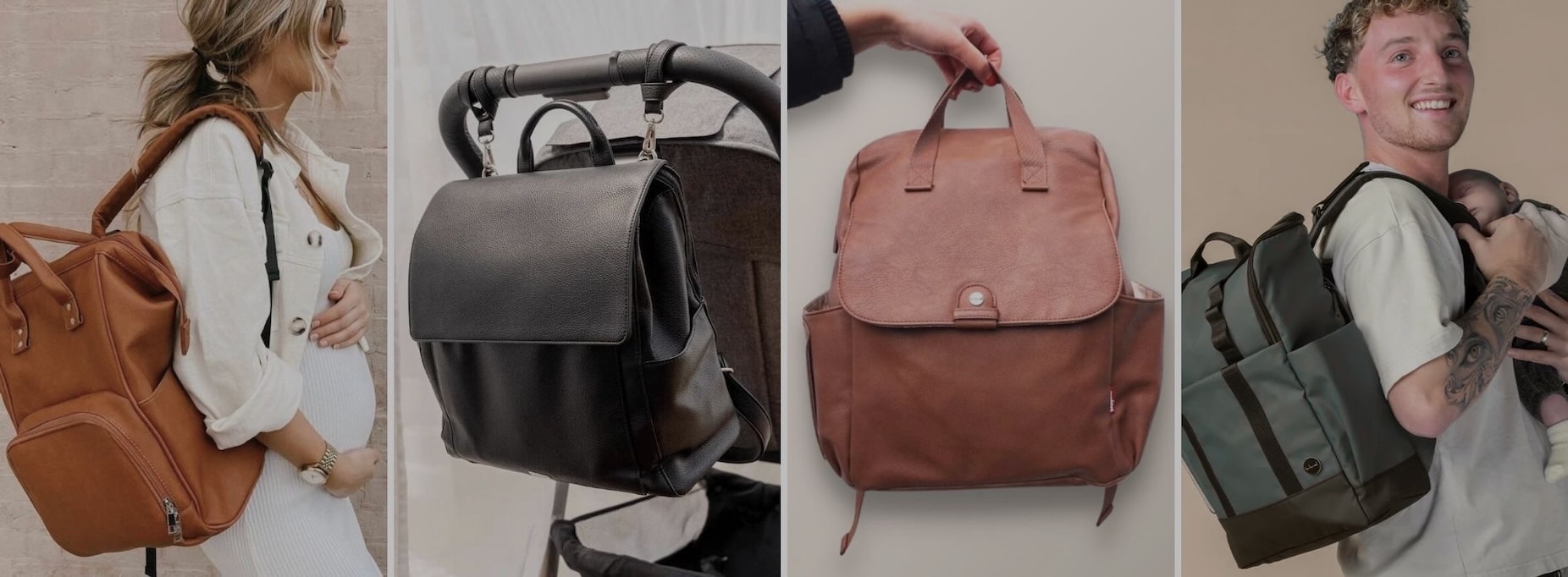 Nappy bag collection banner: showing lifestyle images of stylish baby bags and backpacks from Lulu Babe