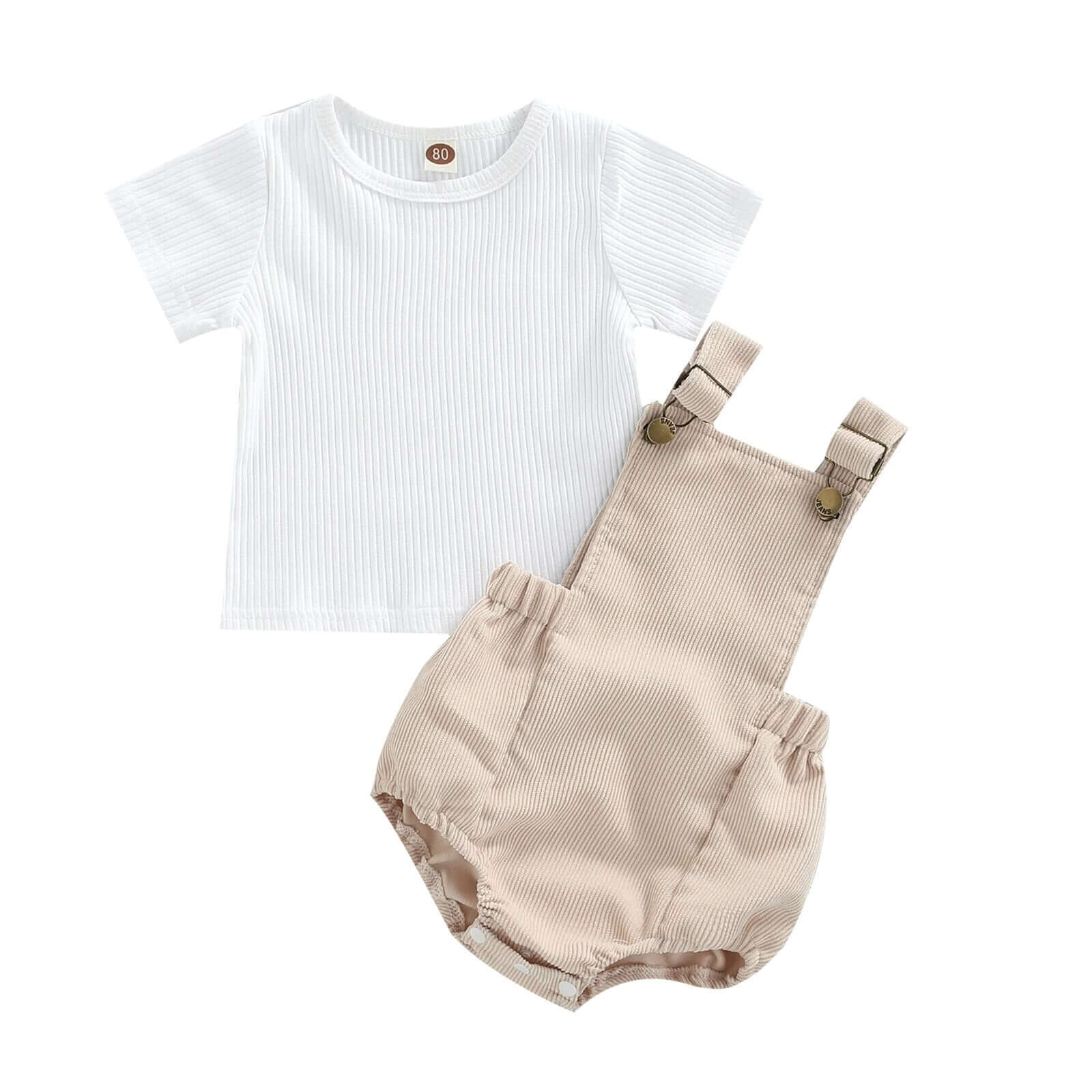 Taylor Corduroy Baby Romper Set with beige overall romper and white shirt