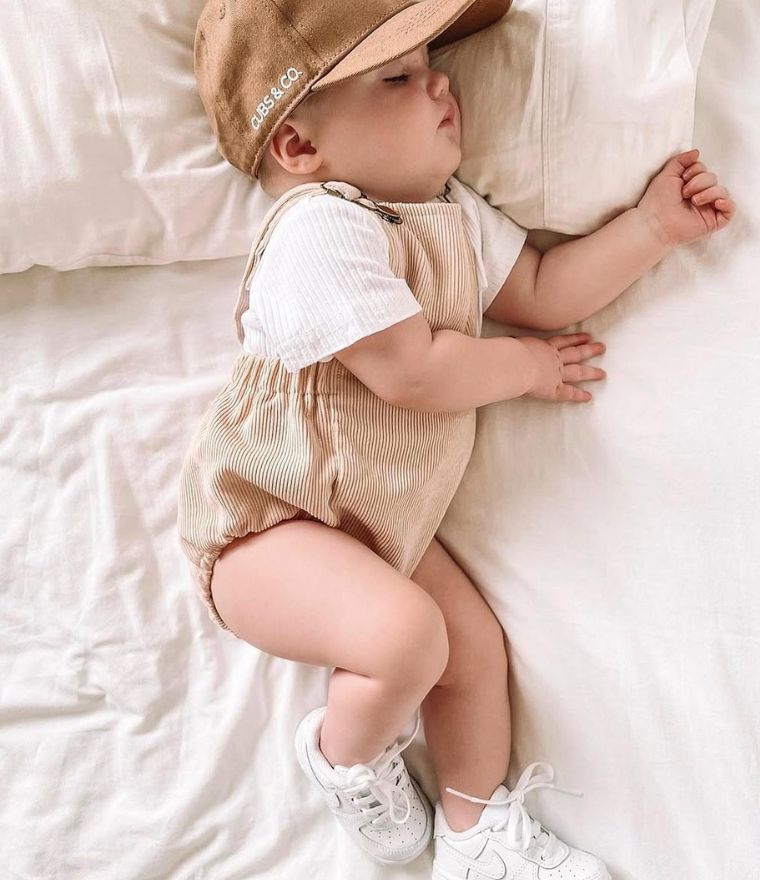 Baby boy wearing Taylor Corduroy Baby Romper Set in beige