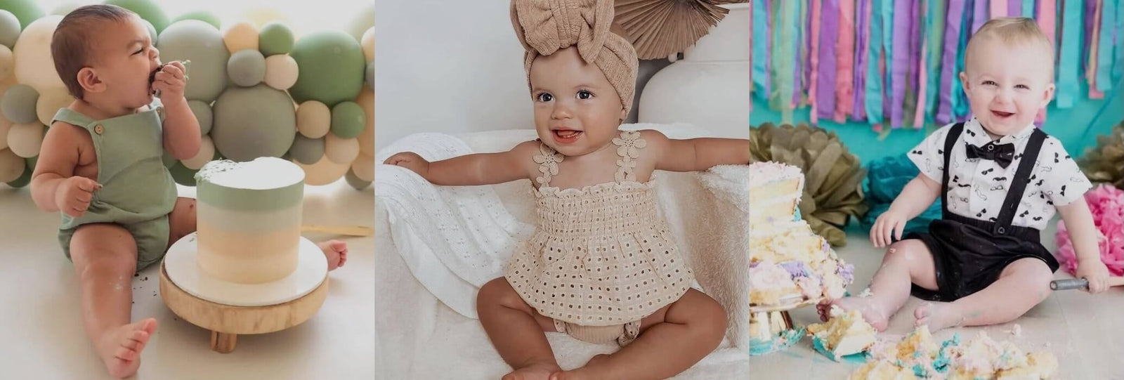 Baby boy and girl wearing party outfits at first birthday and cake smash celebrations