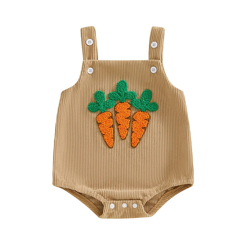 Tan corduroy baby romper with three textured carrot appliqués on front