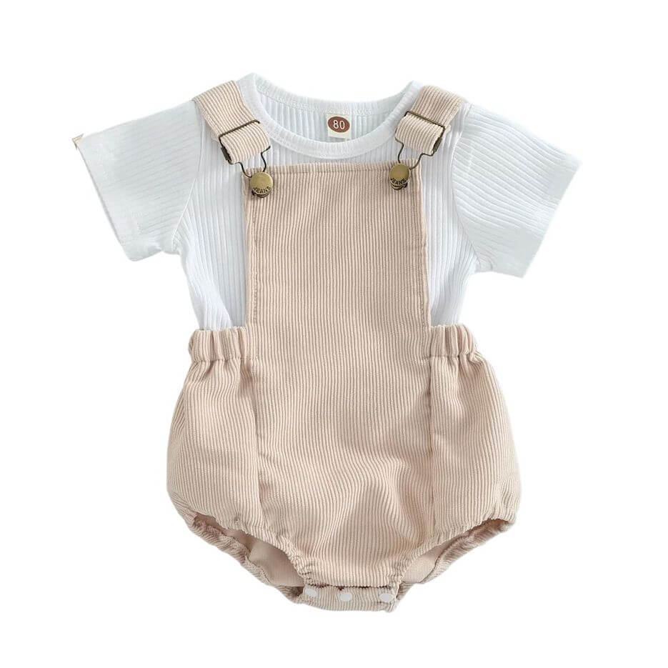 Baby outfit set with beige corduroy overalls romper and white ribbed shirt