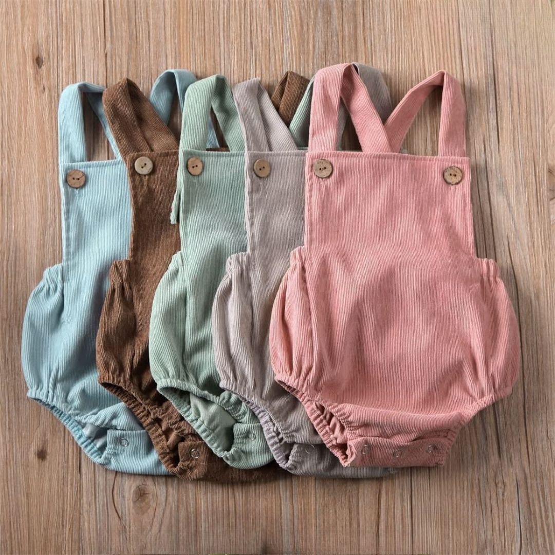 Baby Corduroy Overall Rompers - flat lay showing 4 colour options