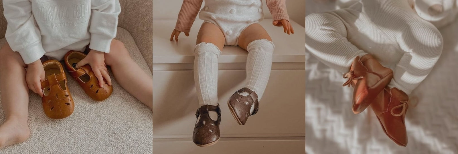 Lfestyle images of babie and toddlers wearing shoes from Lulu Babe, including sandals, moccasins & baby boots.