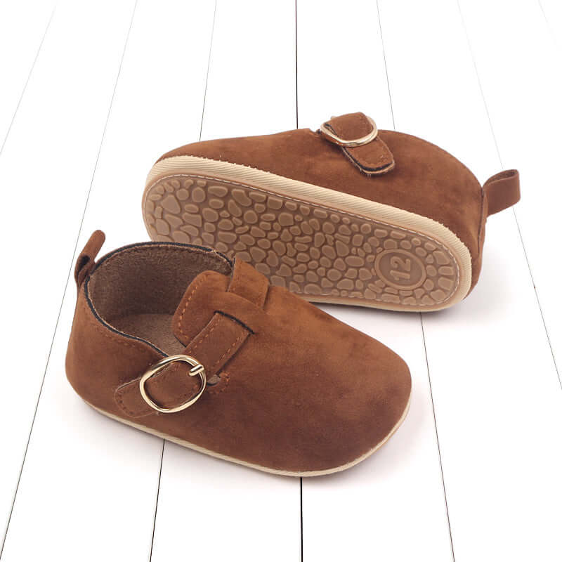 Soft suede brown baby loafers with non-slip base for first walkers