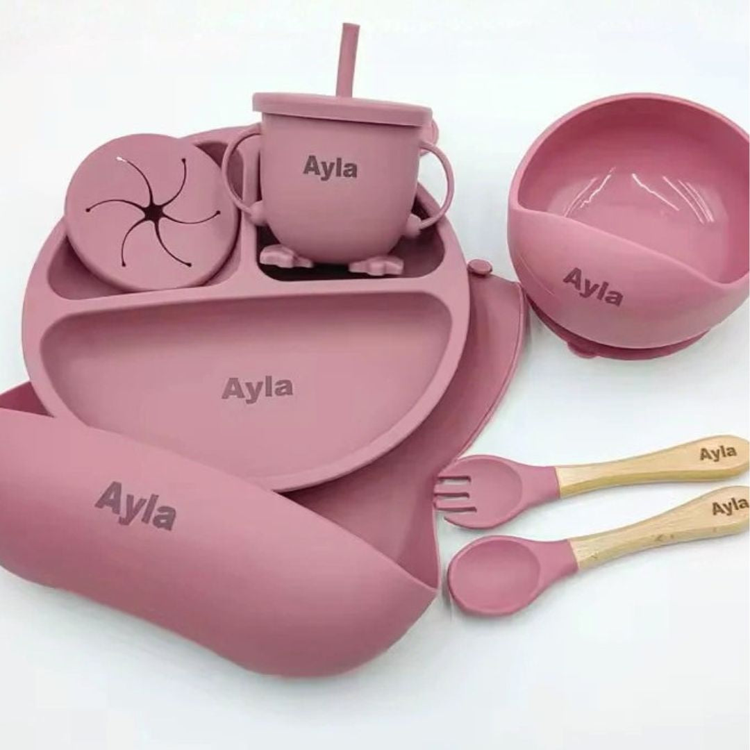 Personalised silicone baby feeding set including bear plate suction bowl sippy cup bib wooden cutlery and snack lid
