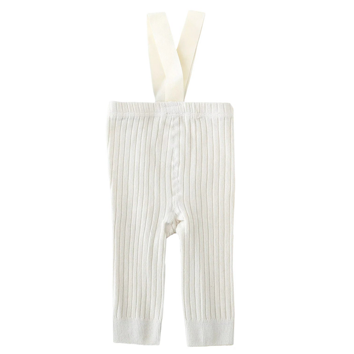 Ribbed white baby suspender leggings with footless design