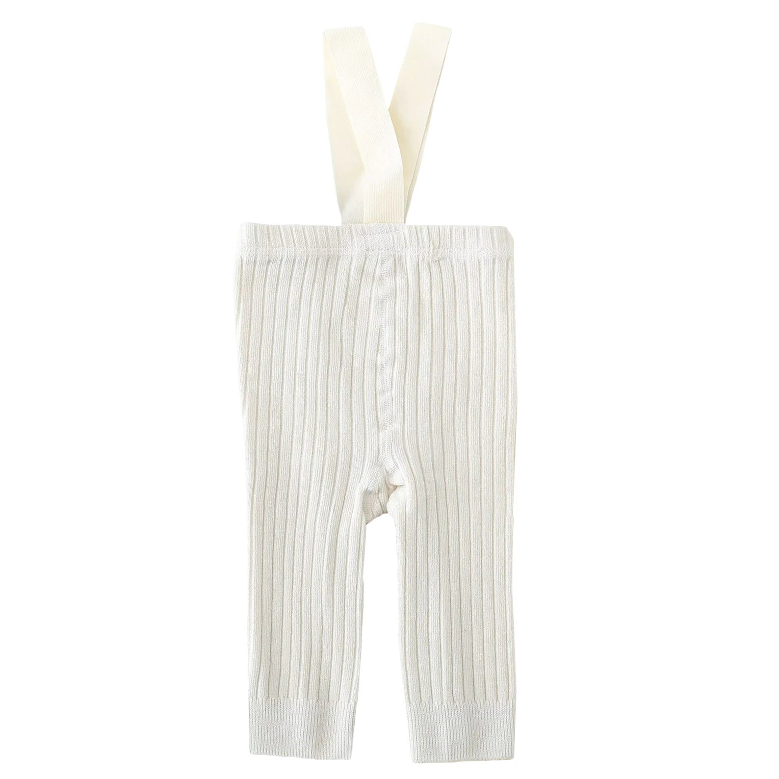 Ribbed white baby suspender leggings with footless design