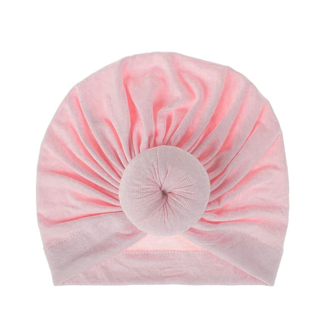 Olivia Top Knot turban for baby girls in blush pink, stylish and comfy fit.