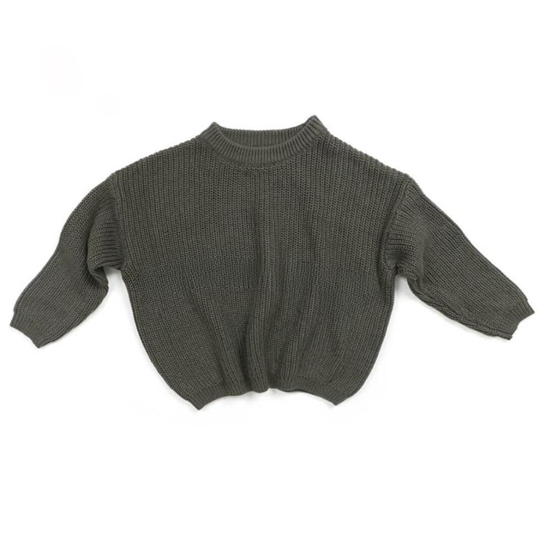 Olive green oversized knit jumper for babies and toddlers with ribbed hem