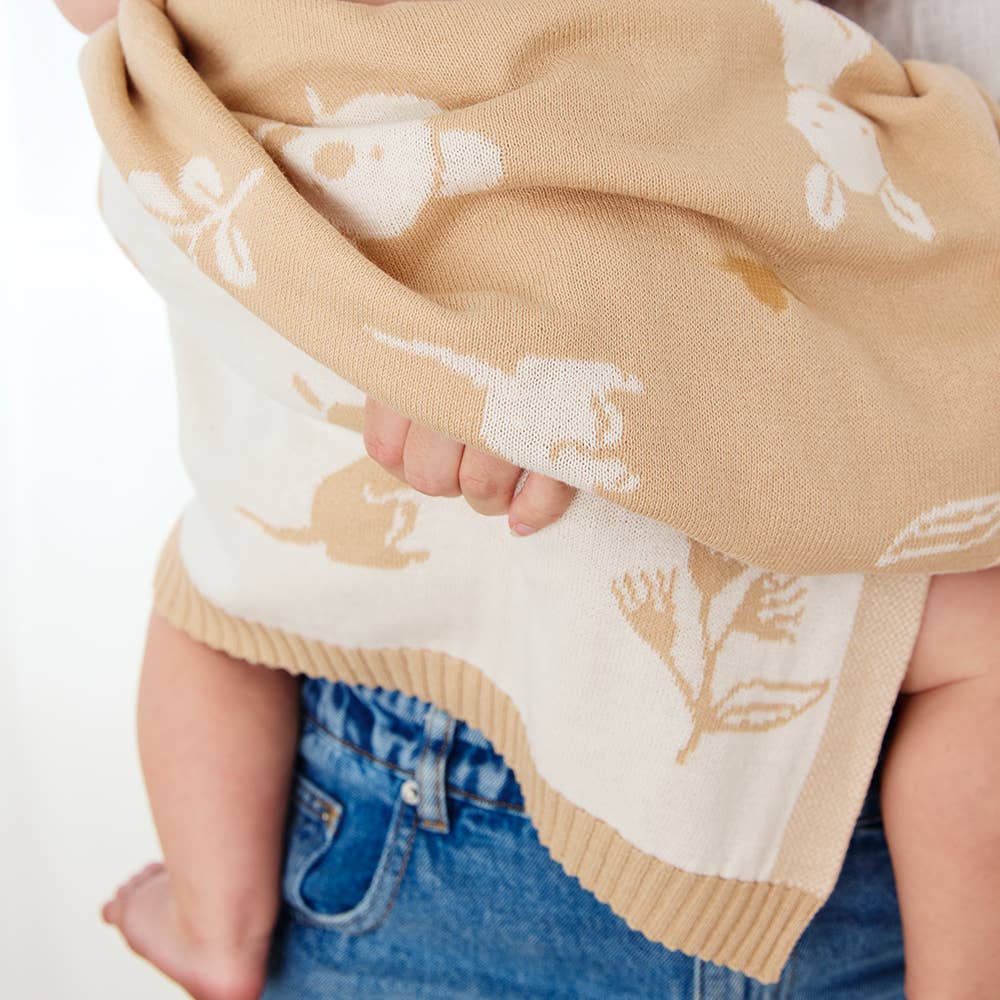  Reversible 100% cotton knit baby blanket with koala and kangaroo Australiana design in tan and cream