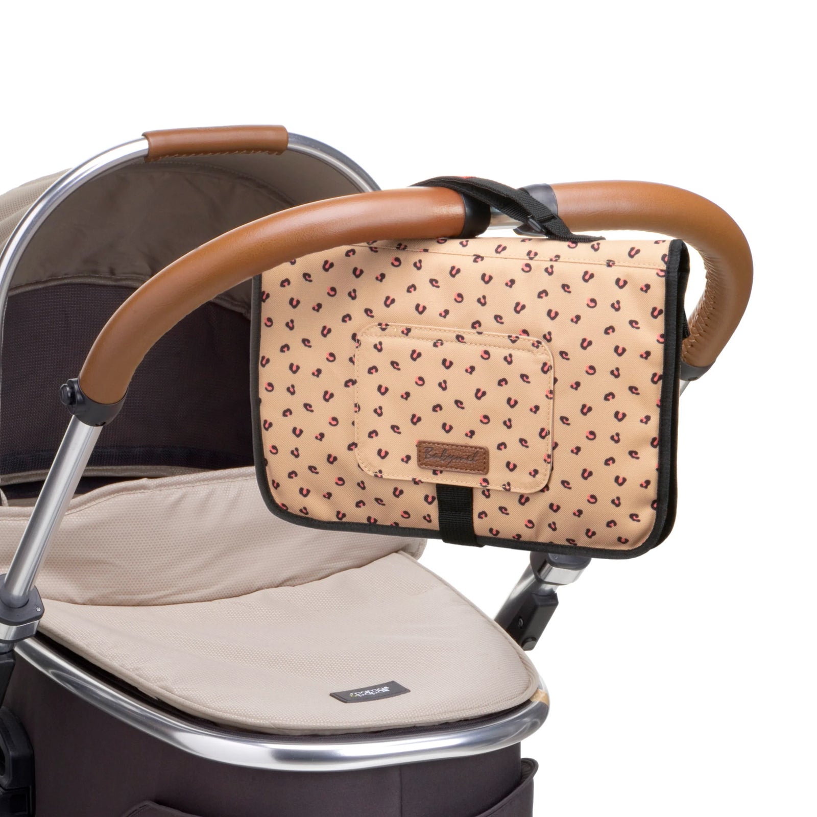Babymel Leopard Print Change Station attached to pram