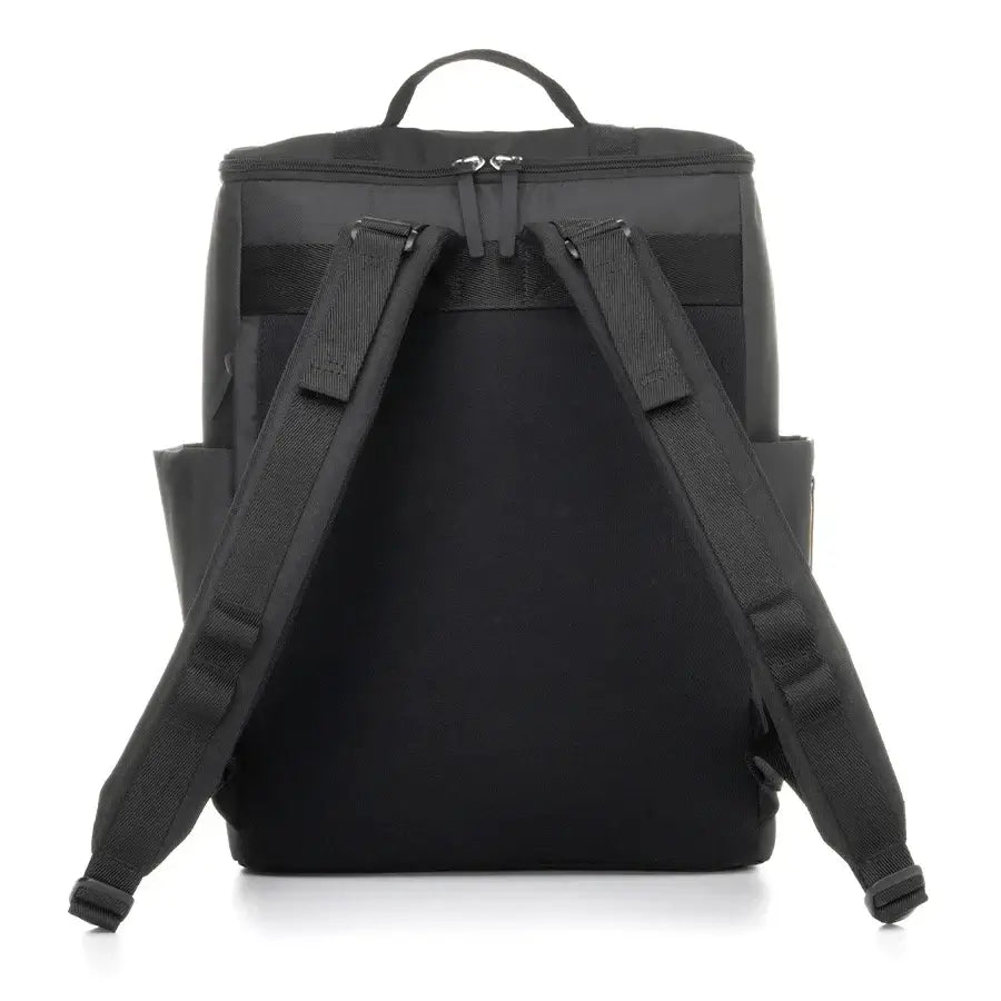Babymel Finn nappy backpack in black, rear view, showcasing padded straps for comfort and practical carry.