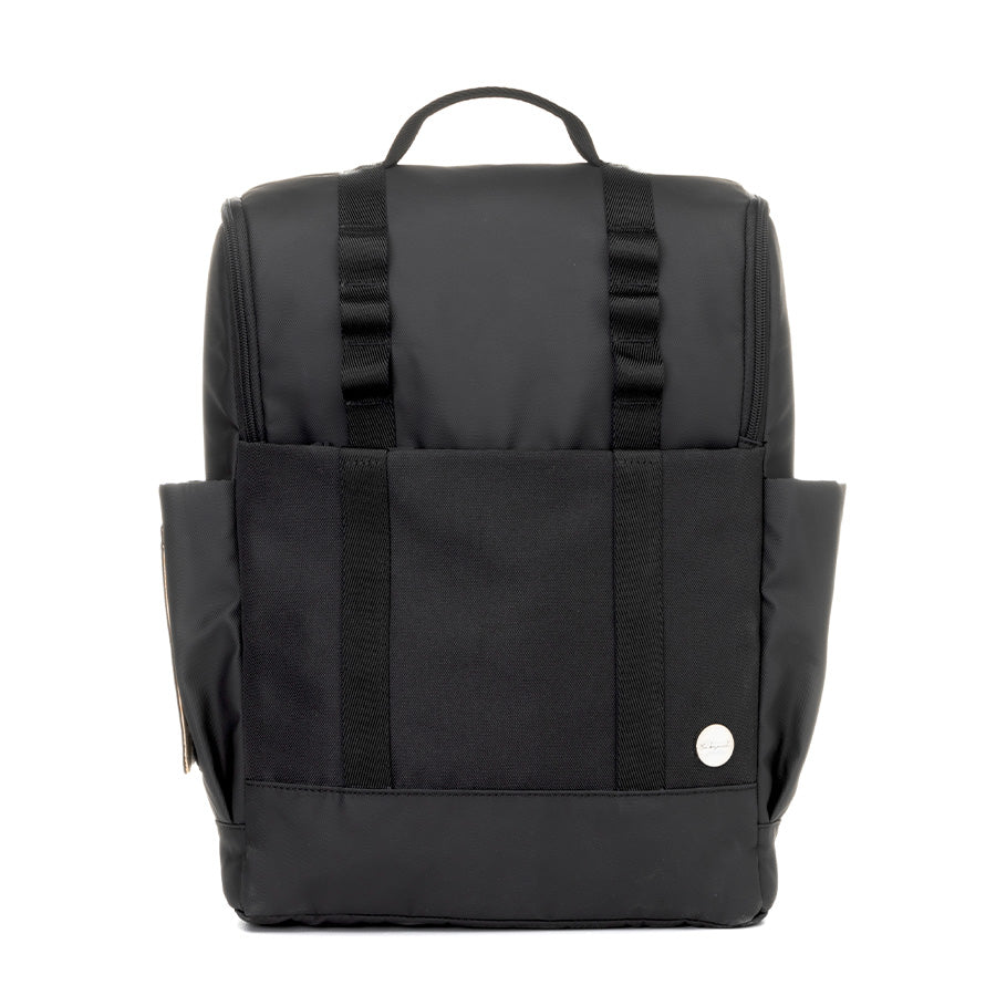 Babymel Finn nappy backpack in black, waterproof and stylish.