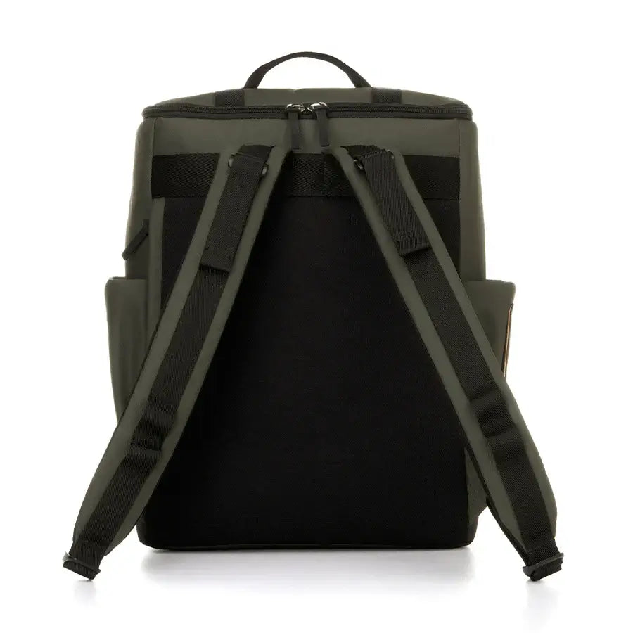 Back view of Babymel Finn olive nappy backpack with padded straps.