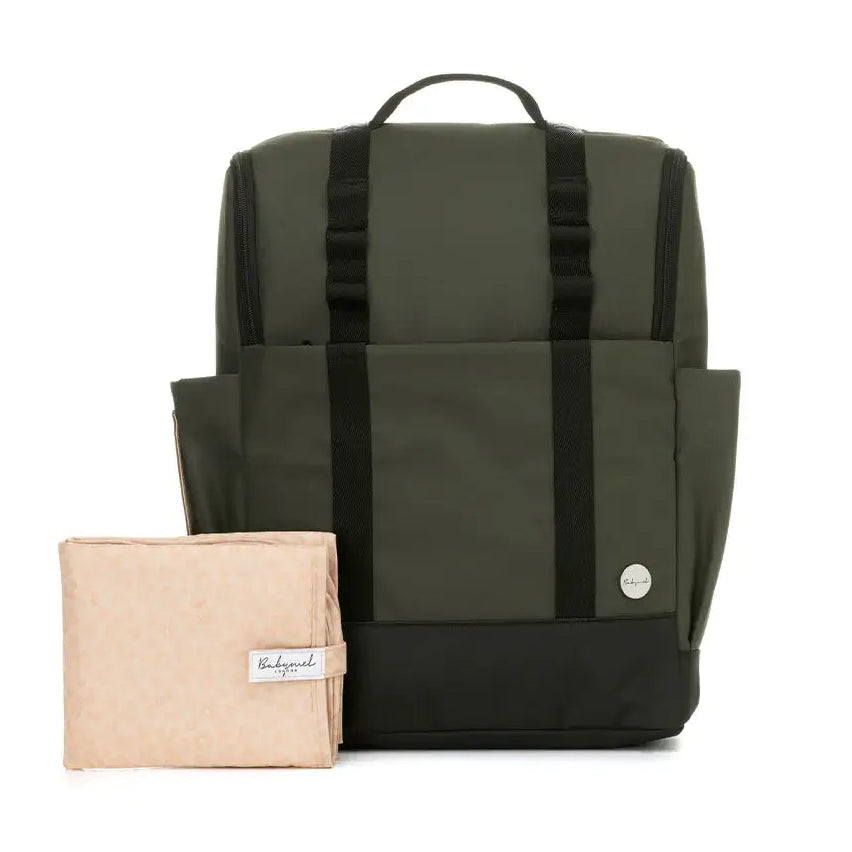 Babymel Finn nappy backpack in olive green with changing mat.