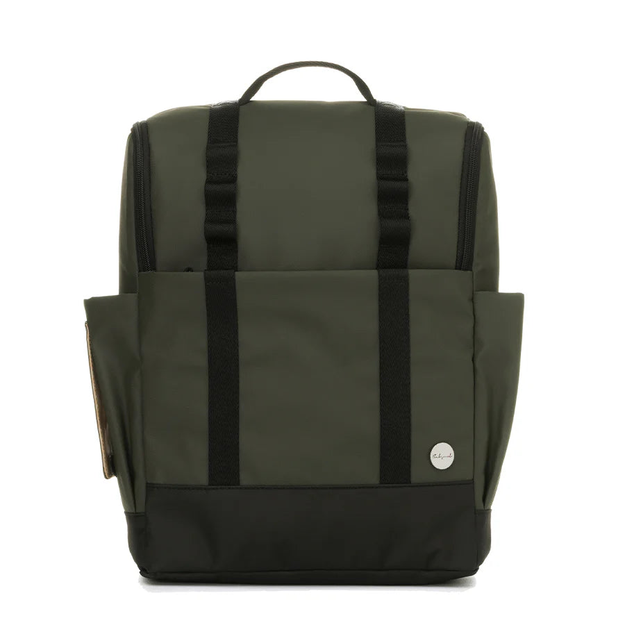 Babymel Finn nappy backpack in olive, a stylish unisex nappy bag for modern parents.