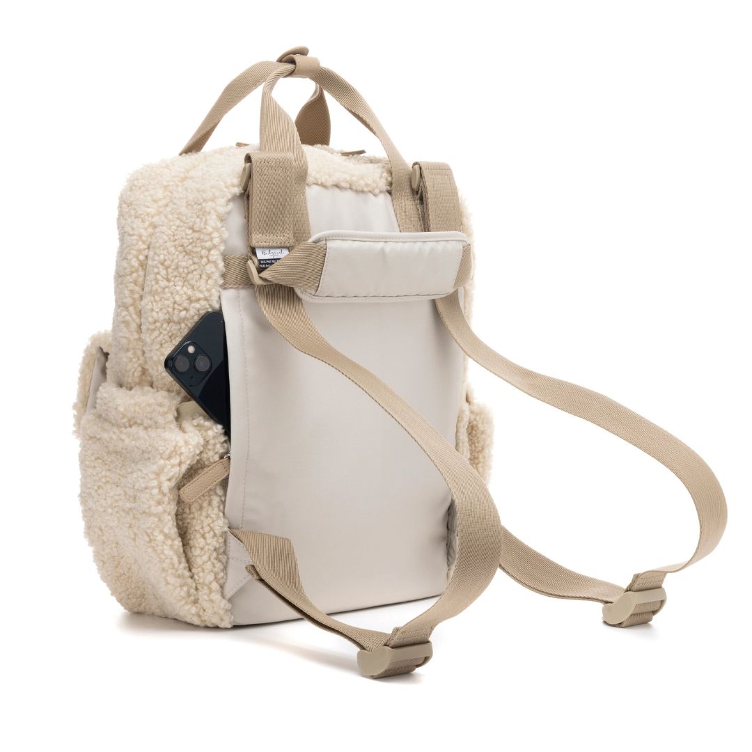 Babymel Teddy Nappy Backpack with soft fleece, featuring a hidden phone pocket and adjustable straps.