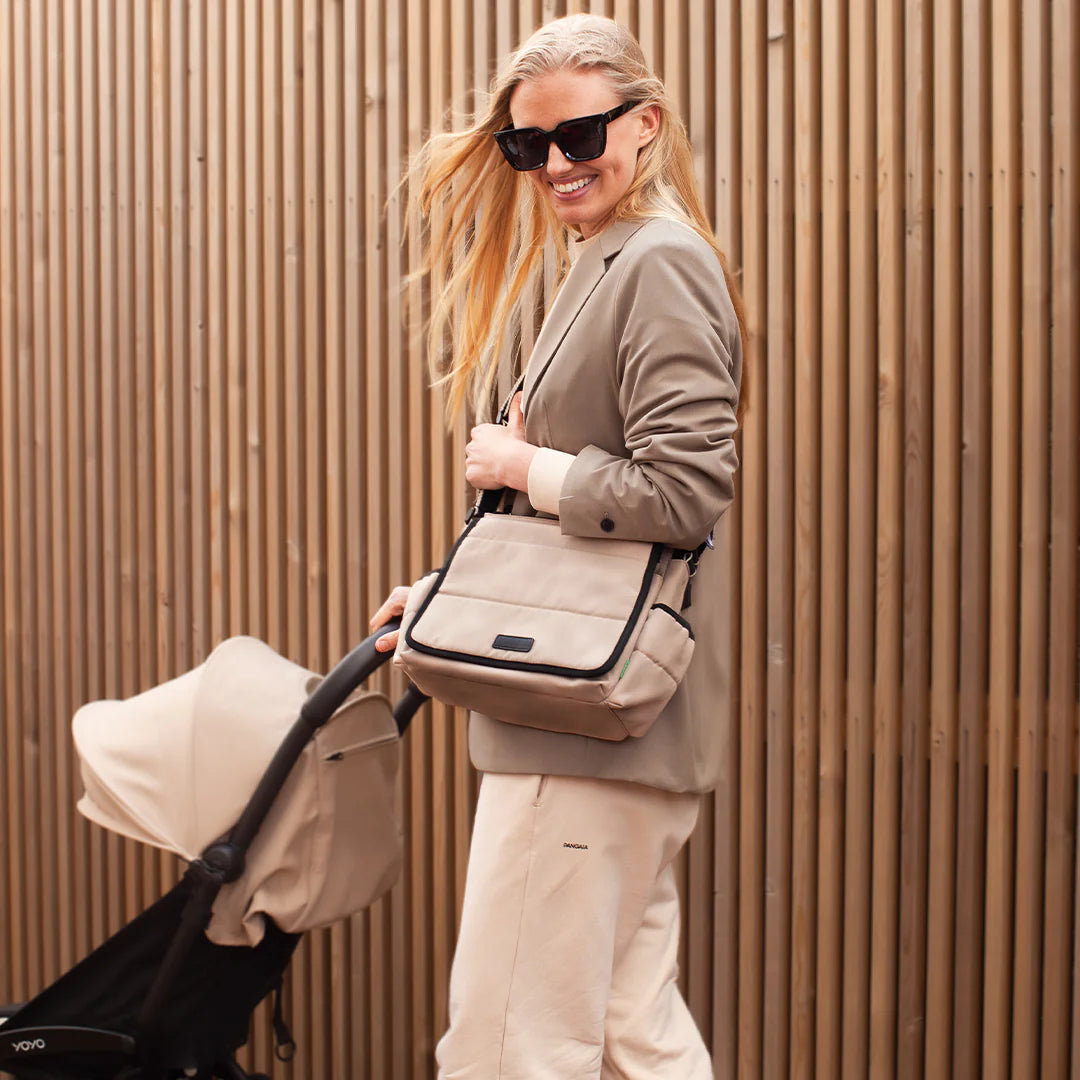 Babymel Quilted Eco Pram Bag - Fawn | Stroller Organiser - lifestyle image