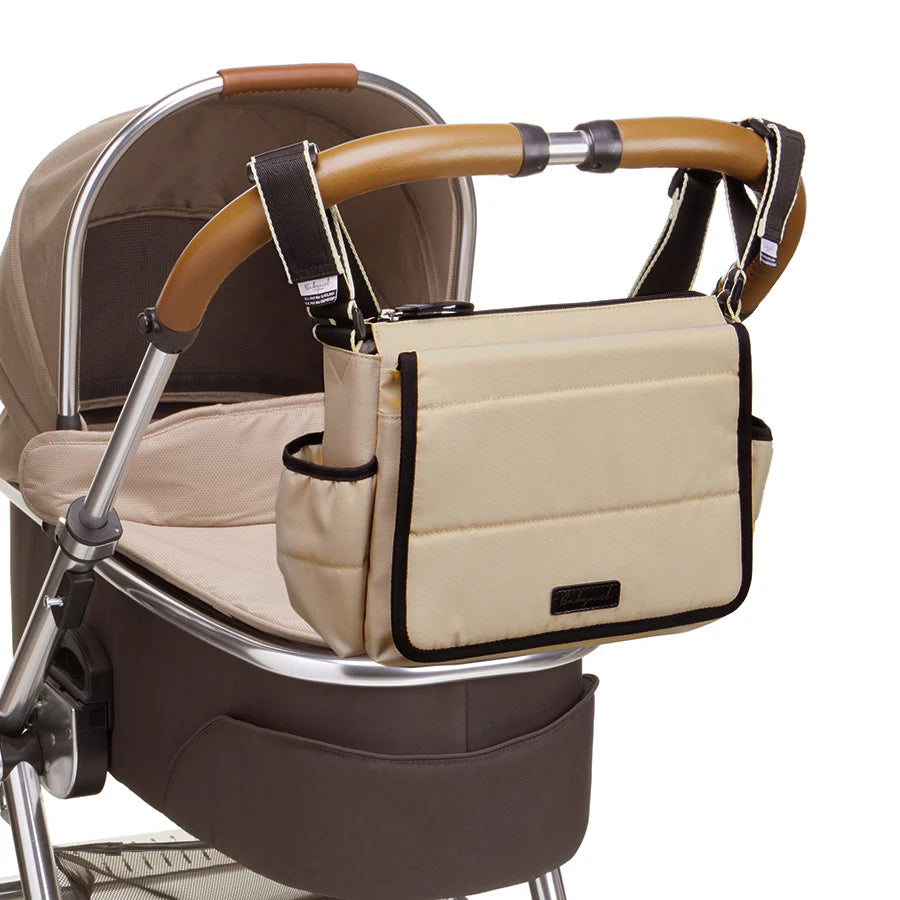 Babymel Quilted Eco Pram Caddy attached to pram in fawn | Stroller Organiser