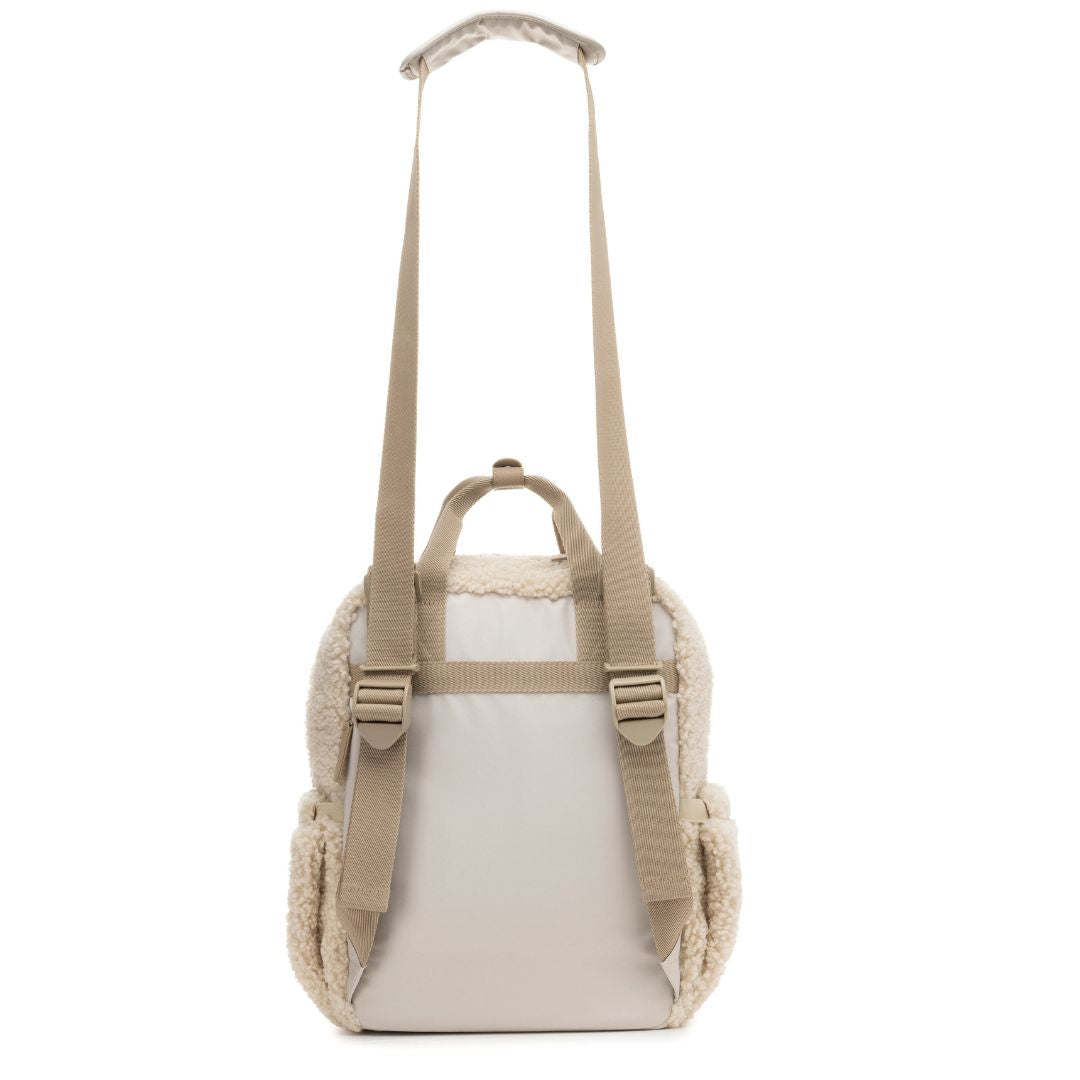 Babymel Teddy Nappy Backpack rear view showing adjustable straps and soft fleece material.