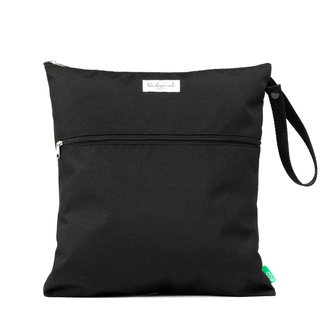 Babymel black wet bag for organised parenting, featuring a zip pocket and eco-friendly design.