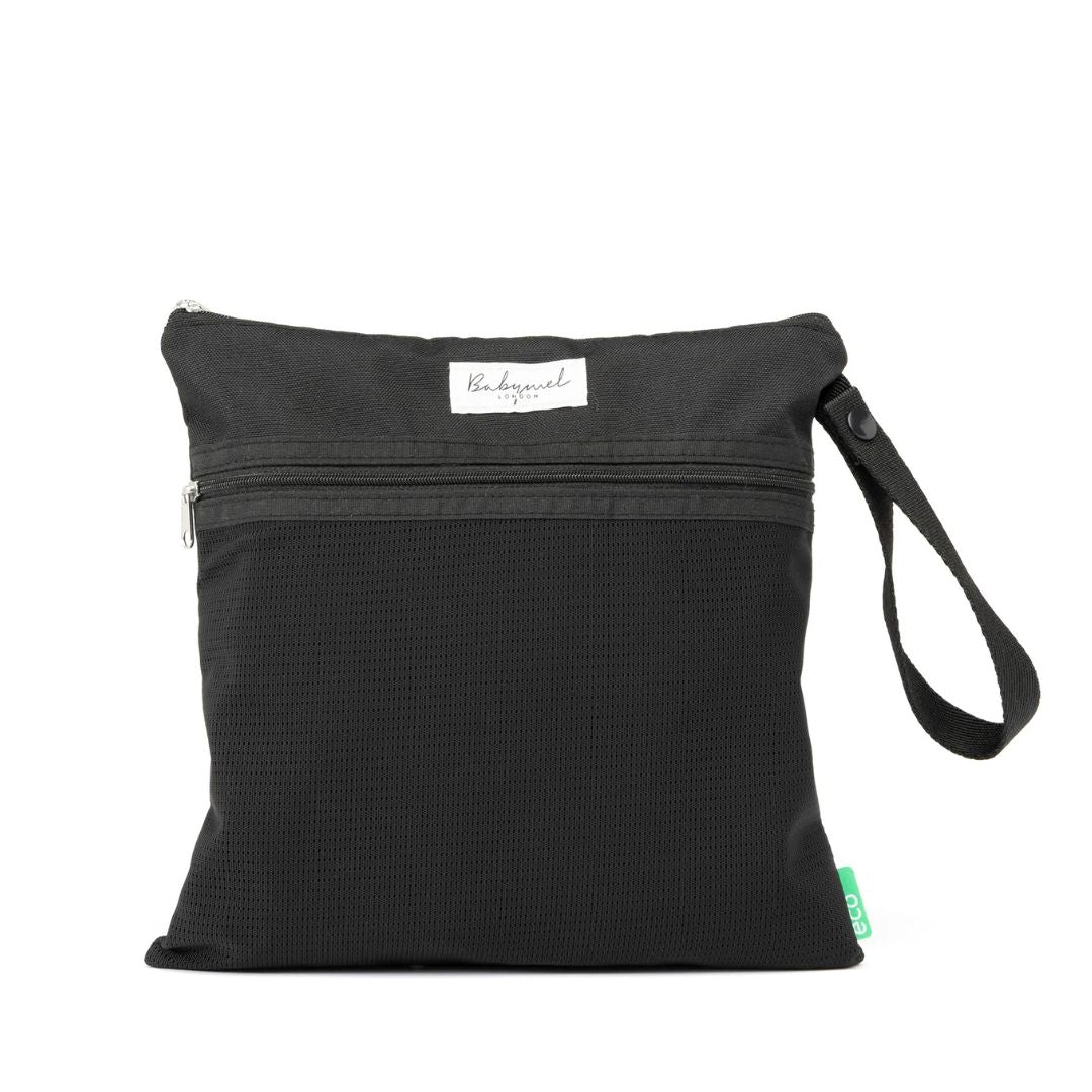 Babymel Wet Bag, eco-friendly black change pouch with zip and handle for organised parenting on the go.