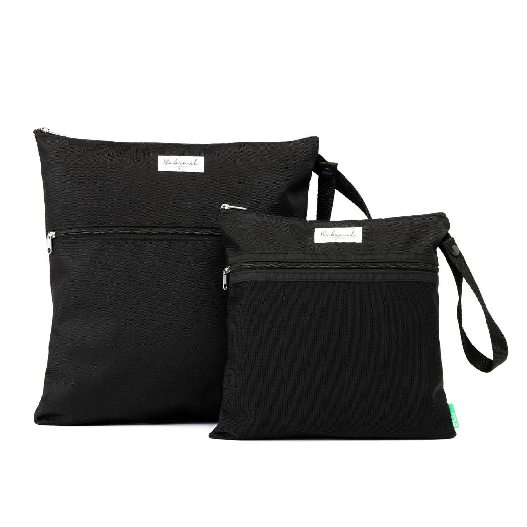 Babymel Wet Bag & Change Pouch Set in black, eco-friendly storage for nappy changes and swim days.