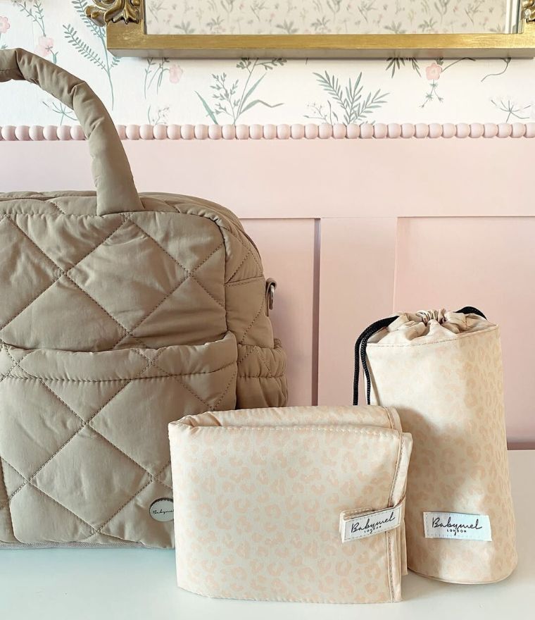 Babymel Willow quilted nappy bag tote in oat, with accessories
