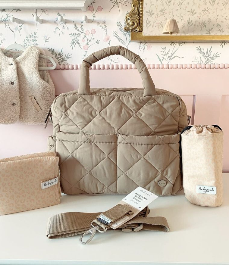 Babymel Willow quilted nappy bag tote in oat, with accessories