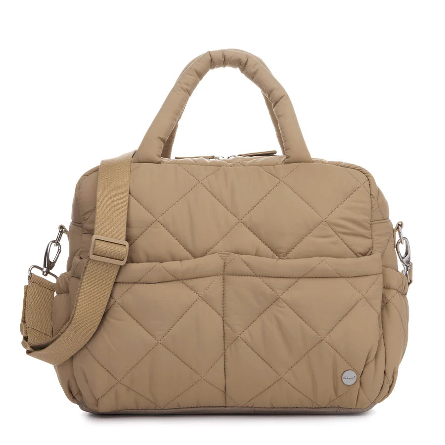 Oat quilted Babymel Willow nappy bag with diamond stitching, padded handles and adjustable shoulder strap