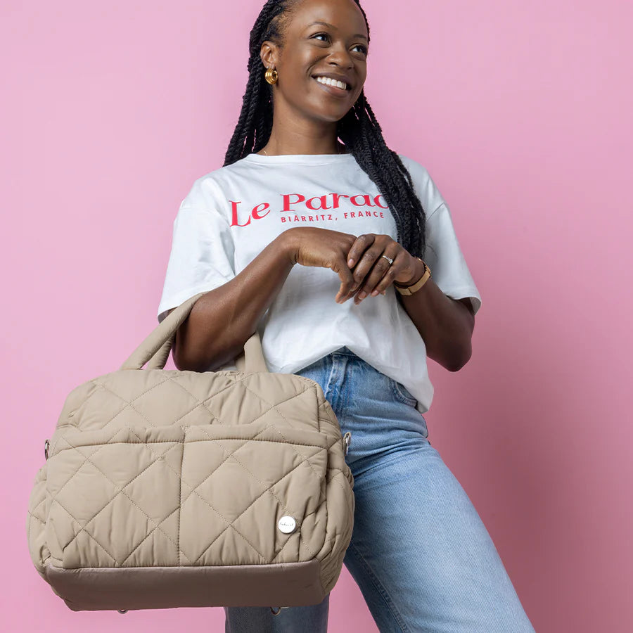 Babymel Willow Nappy Bag in Oat colour - lifestyle image