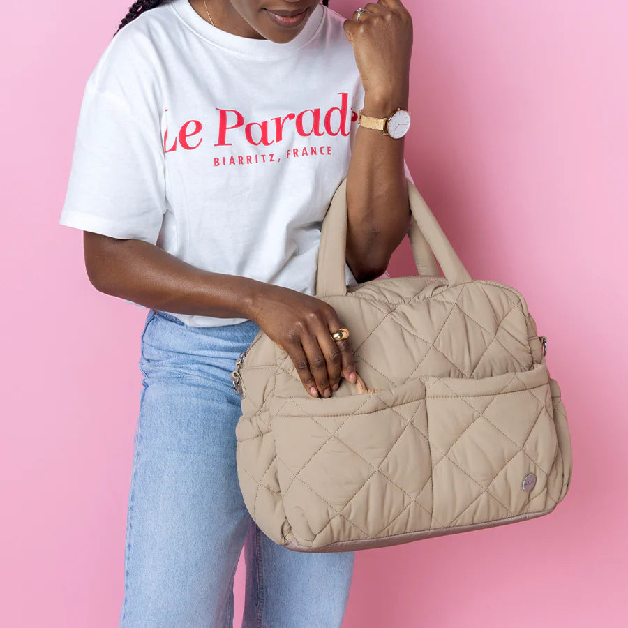 Babymel Willow Nappy Bag in Oat colour - lifestyle image