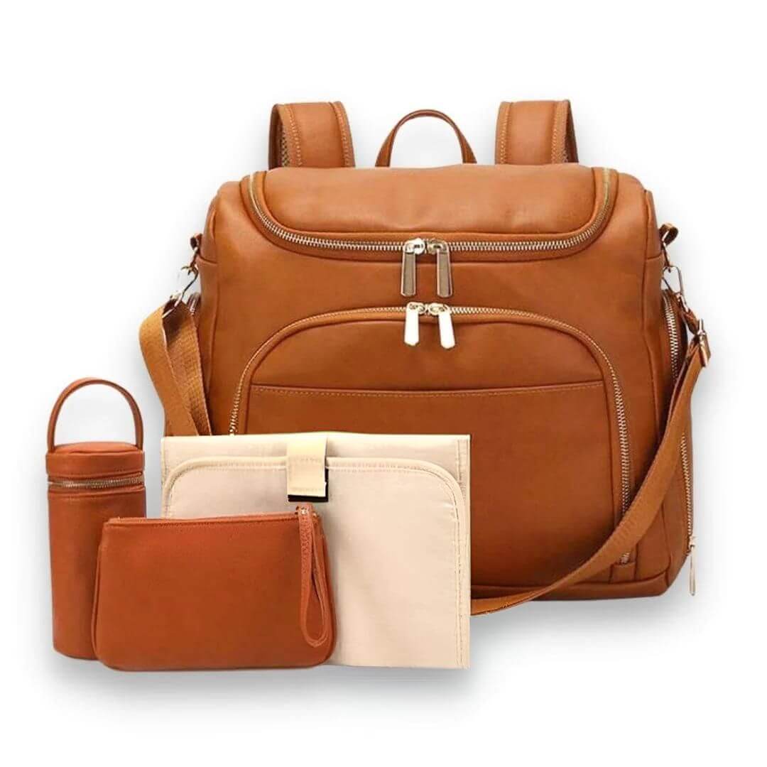 Beaulyn Nappy Bag | Tan Faux Leather Baby Bag - Lulu Babe