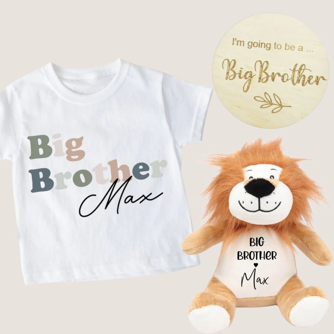 Big brother gift bundle with personalised white t-shirt, wooden announcement disc and cuddly lion plush