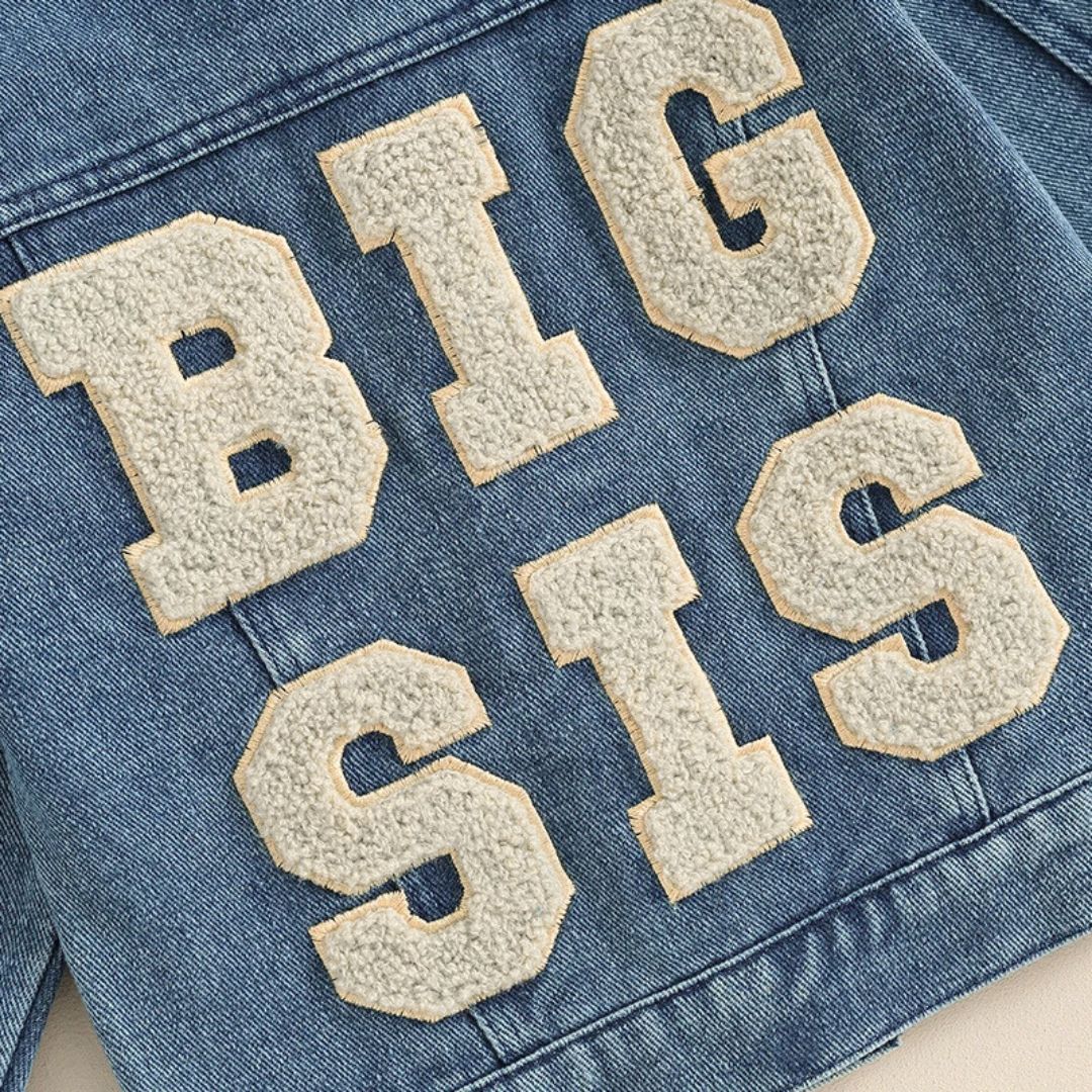 Big Sis Denim Jacket - closeup of lettering
