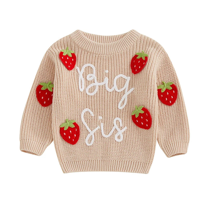 Beige chunky knit Big Sis jumper with embroidery script and strawberry appliqués