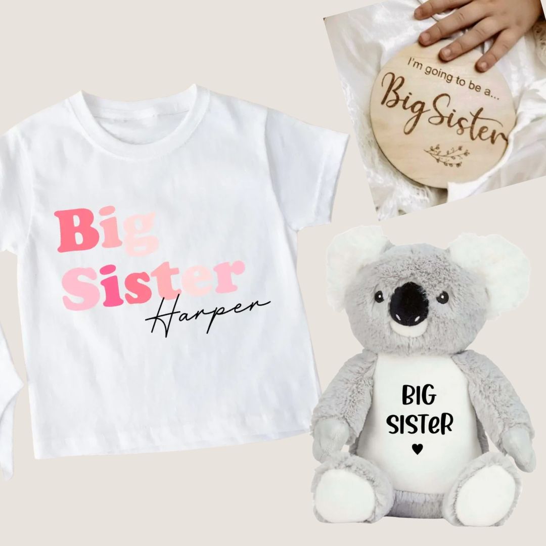Big sister gift bundle with personalised white t-shirt, wooden announcement disc and grey koala plush