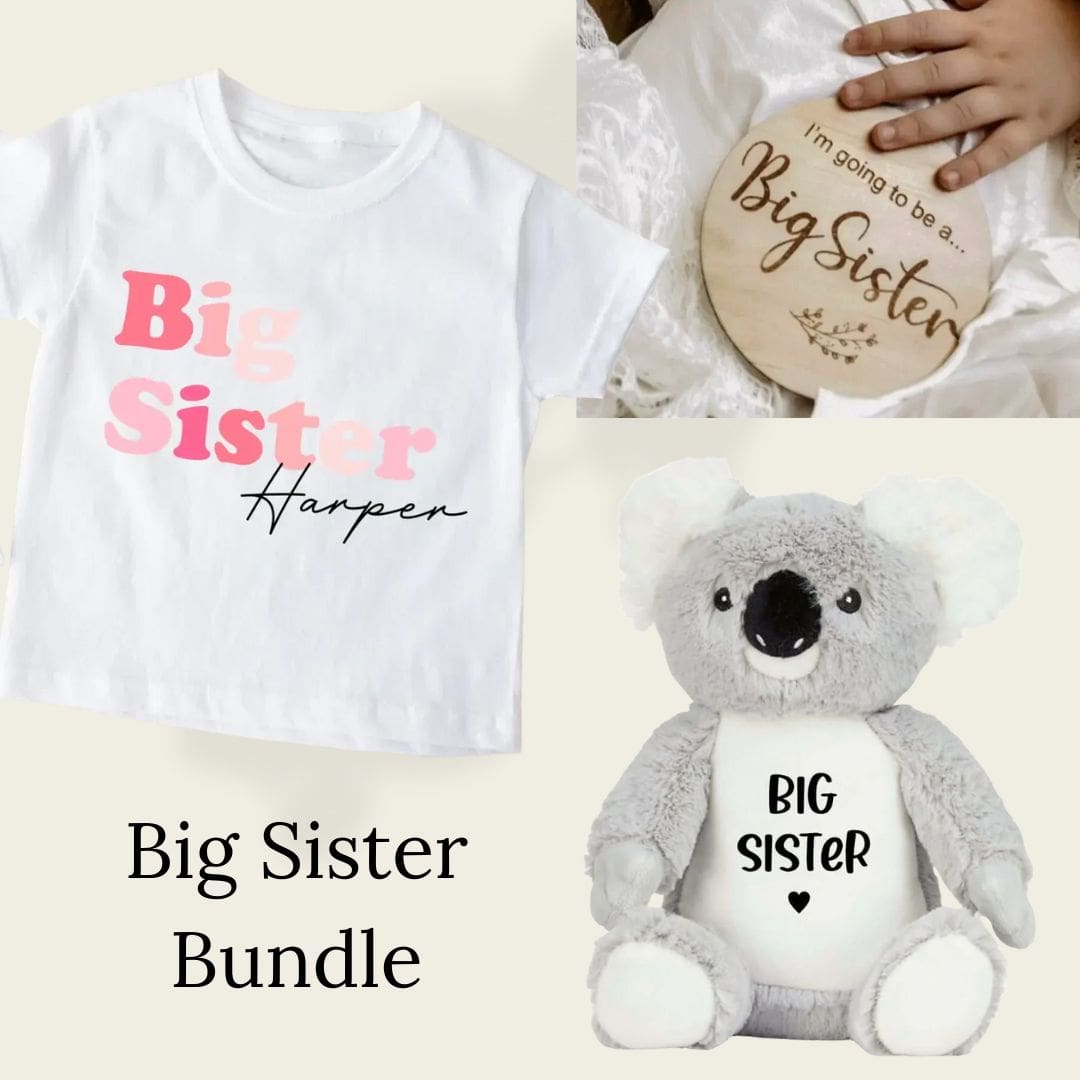 Big Sister Bundle gift set with wooden announcement disc, koala plush and personalised T-shirt