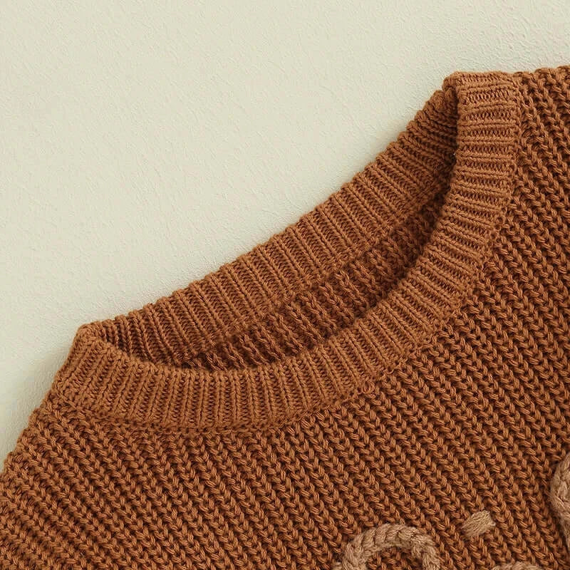 Closeup of Big Sister Jumper in brown knit 