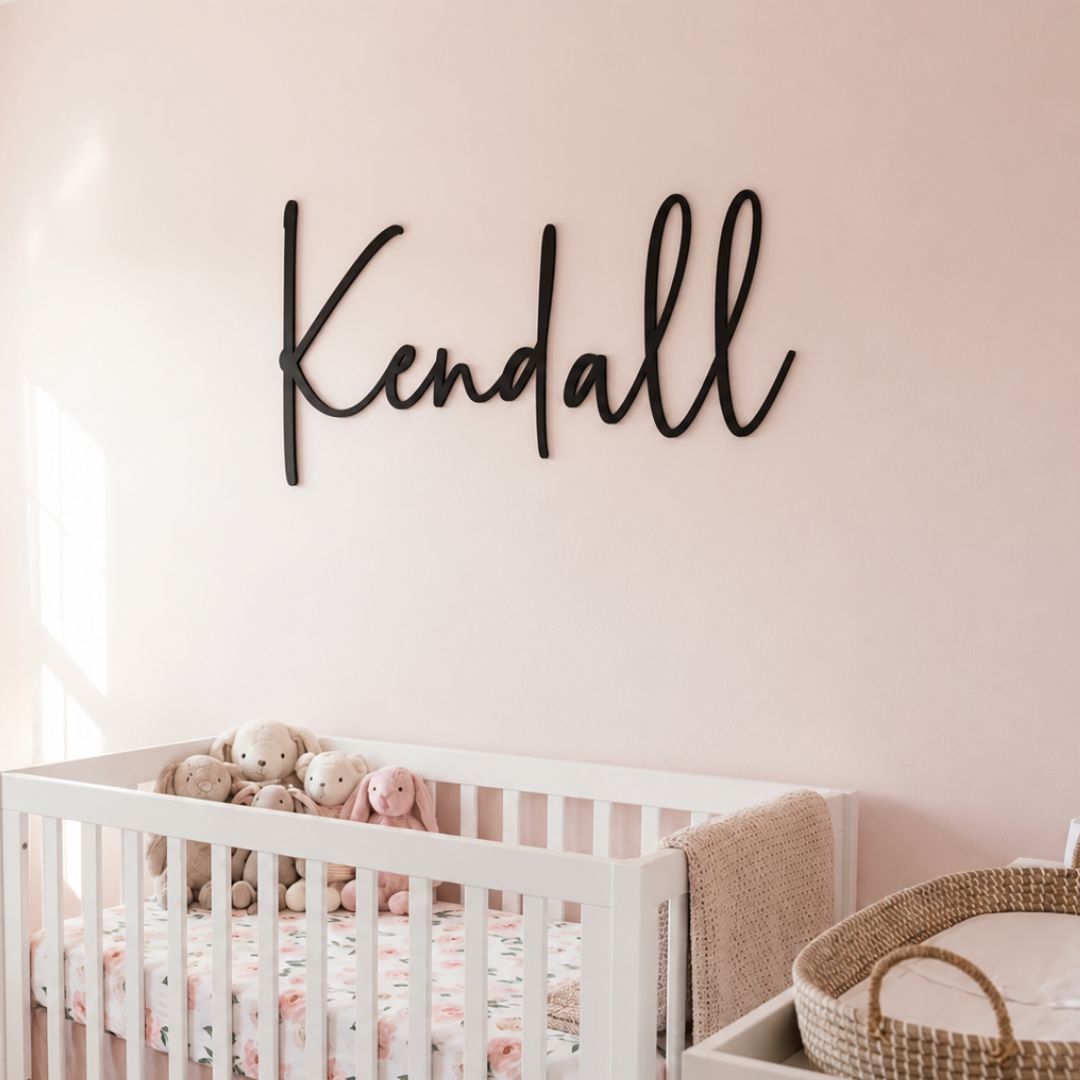 Personalised black acrylic name sign with the name "Kendall" in cursive font, hanging above a baby cot