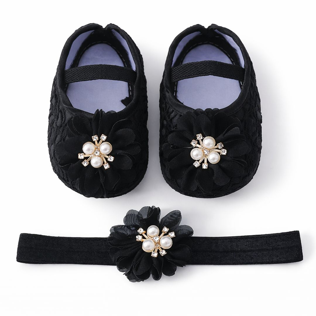 Black floral lace baby shoes and matching headband set