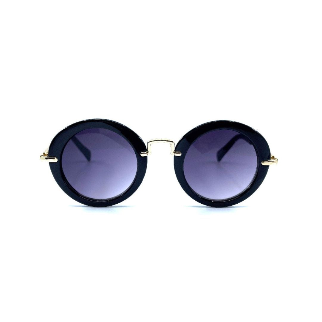Black round retro kids sunglasses with gold-tone metal arms and UV400 lenses, by Little Renegade Company