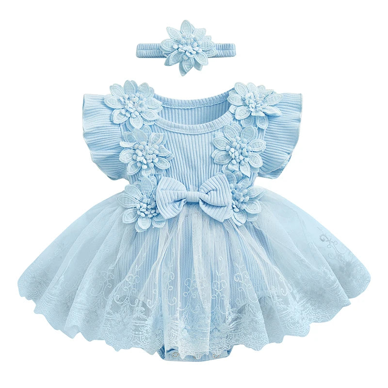 Light blue baby dress with floral details and matching headband