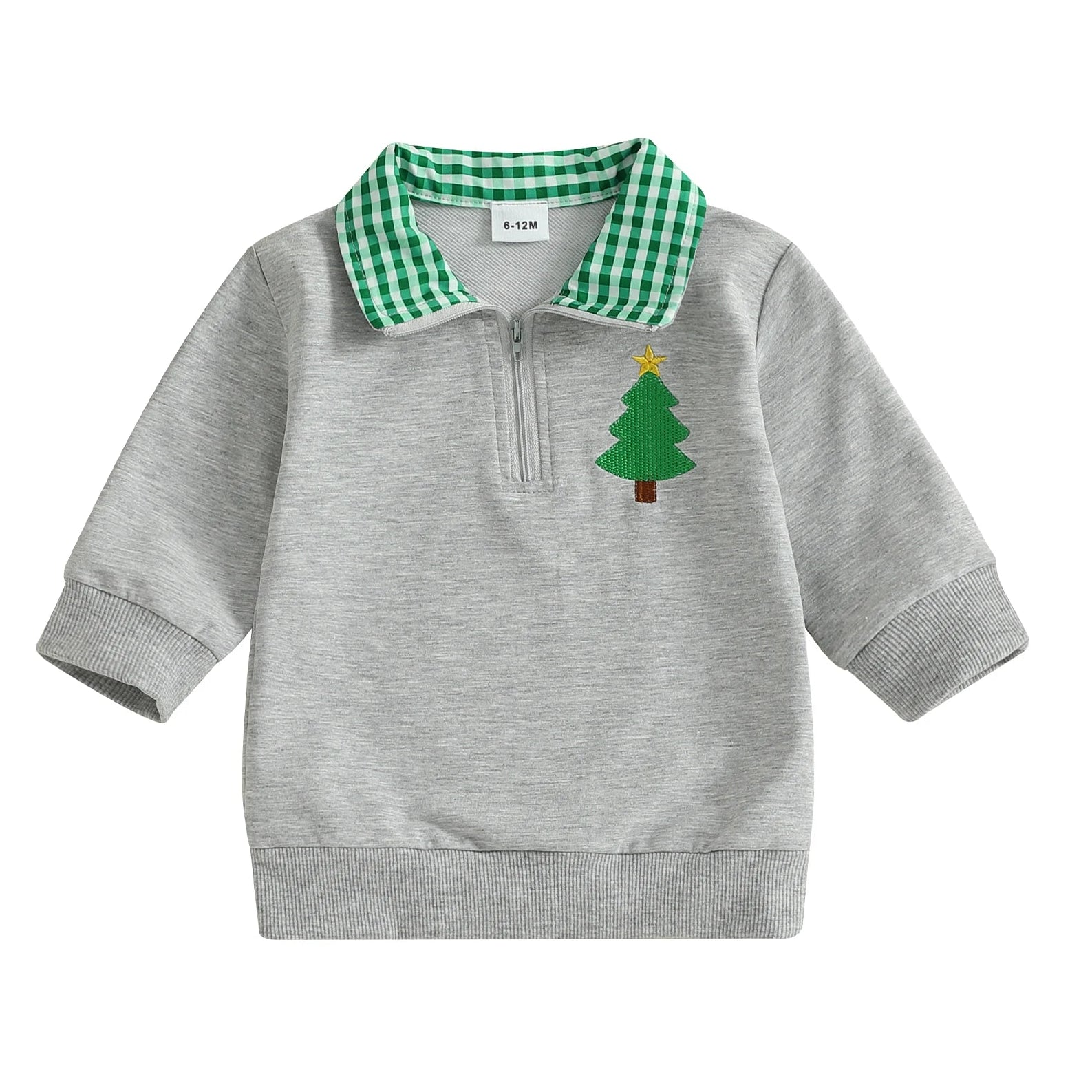 Boys Christmas Tree Collared Top featuring a Christmas tree embroidery and green gingham collar, perfect for festive occasions.