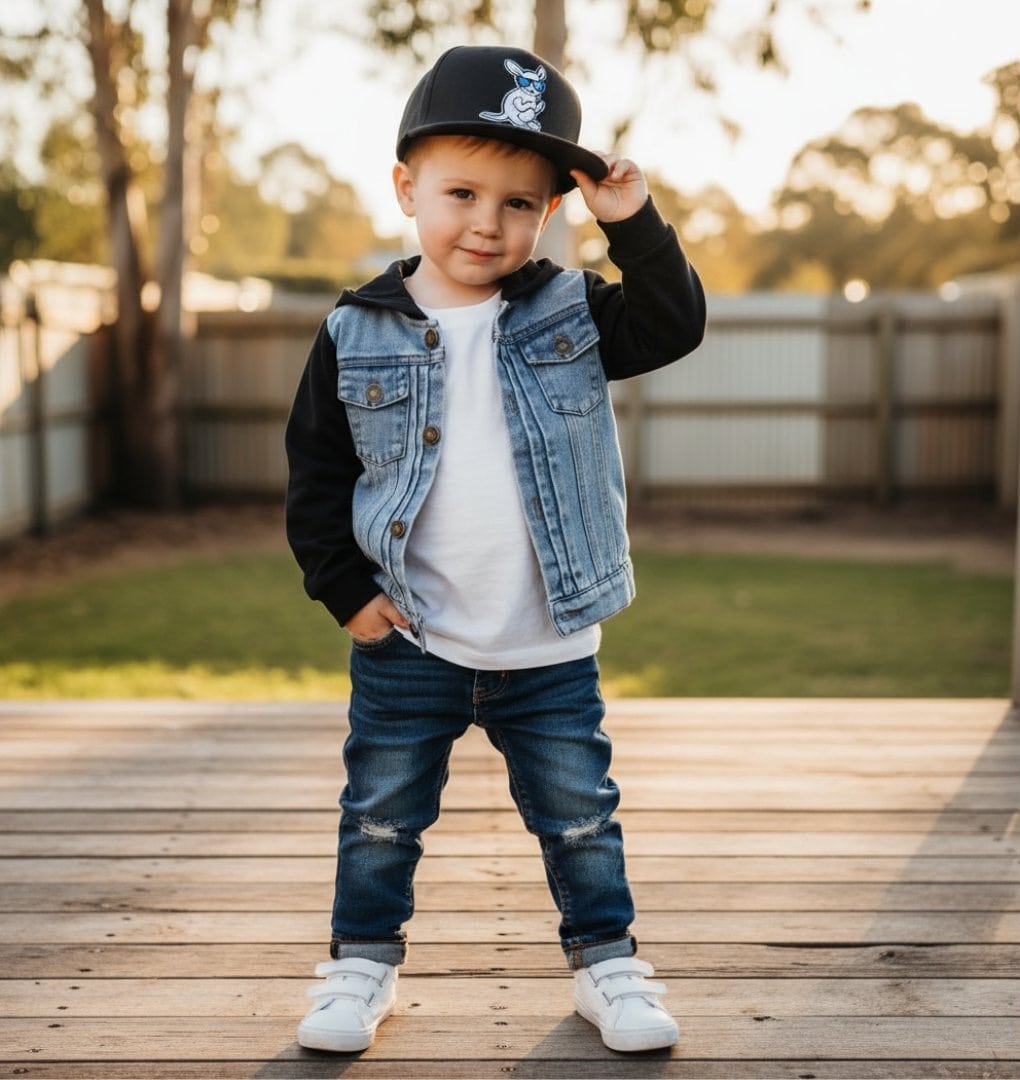 Toddler boy wearing urban denim hoodie jacket from Lulu Babe