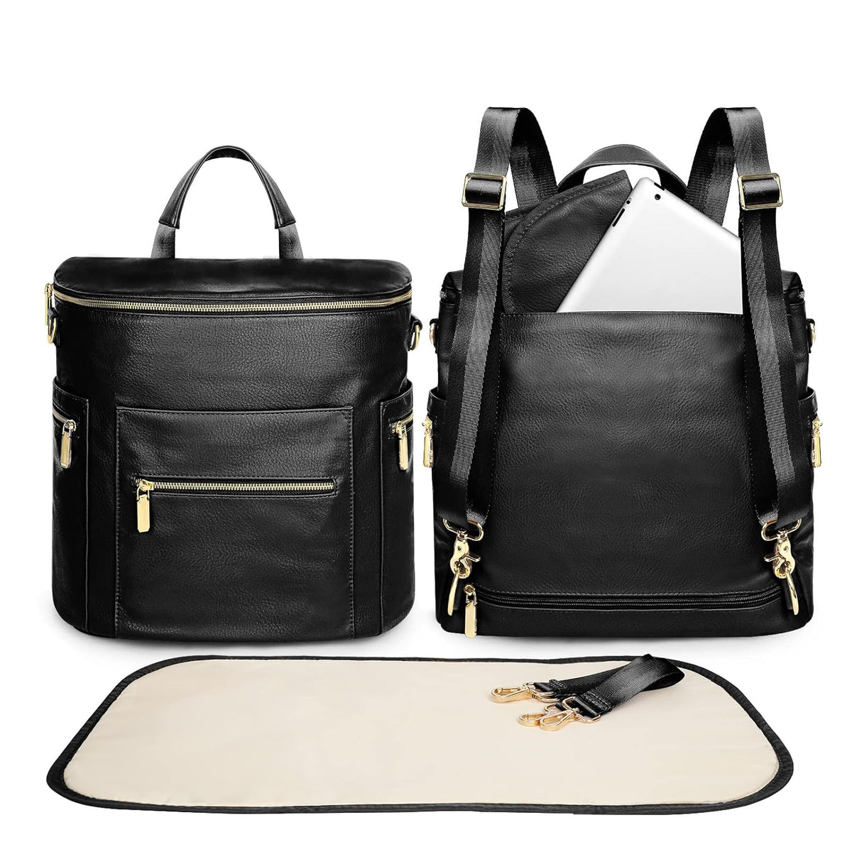 Brooklyn nappy bag in black with change mat & pram straps | Lulu Babe